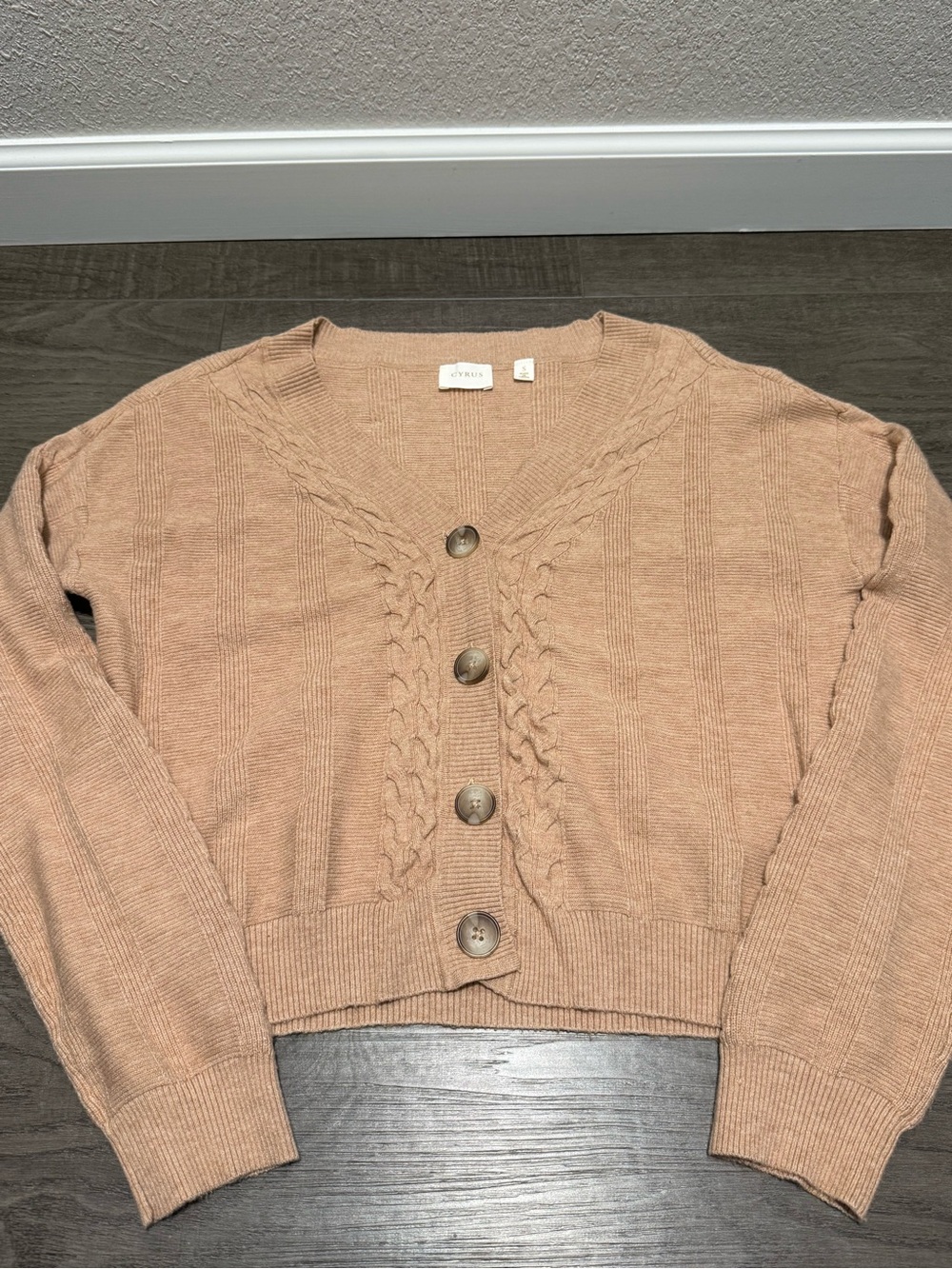 Cyrus Ribbed & Cable Knit Cardigan Womens Small Tan Preppy Top Button Up Sweater